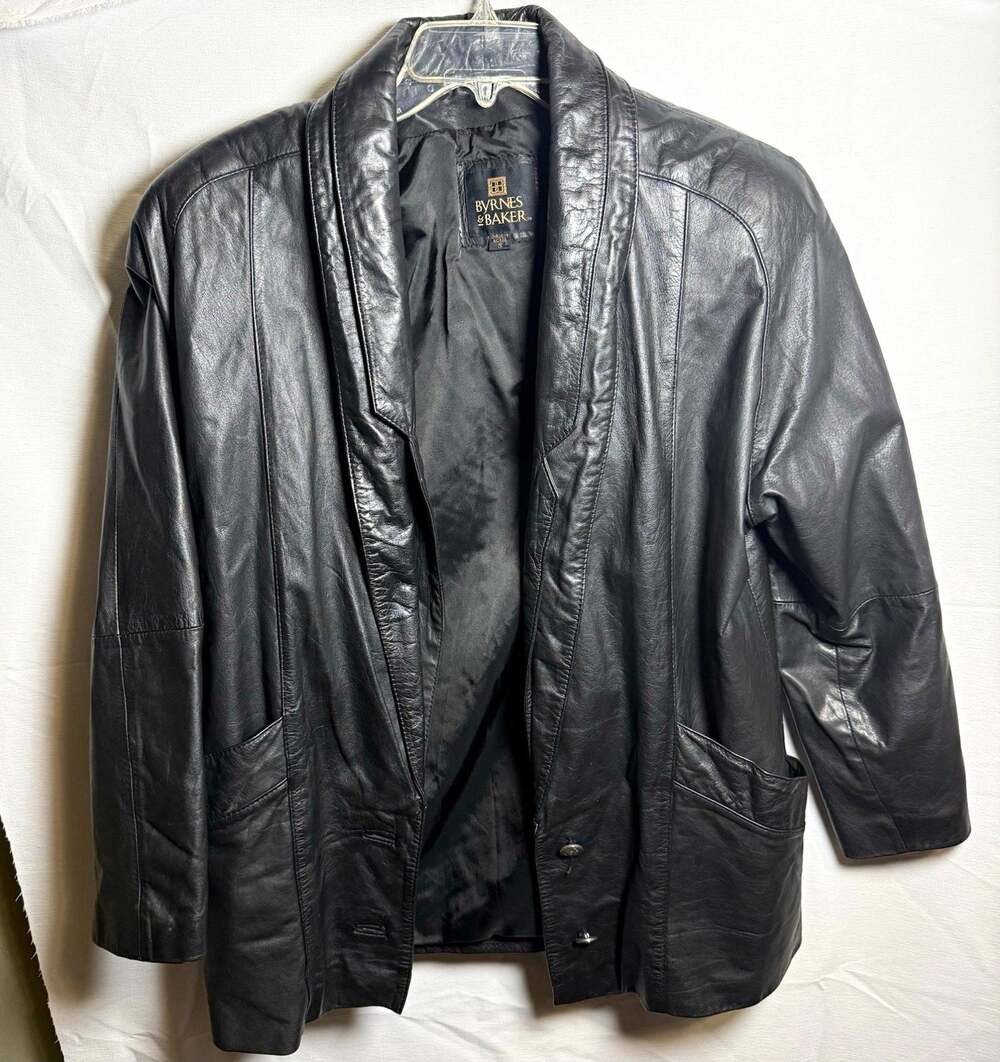 Vintage Byrnes Baker Black Leather Jacket Womens S Oversized 90s Shawl Collar